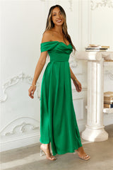 Golden Affair Off Shoulder Satin Maxi Dress Green