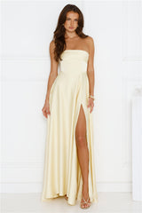 Unspoken Wishes Strapless Satin Maxi Dress Yellow