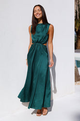 Rendezvous In Paris Satin Midi Dress Green