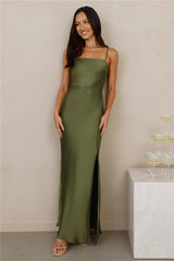 The Violetta Satin Maxi Dress Olive