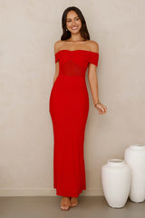 Swan Song Off Shoulder Mesh Maxi Dress Red