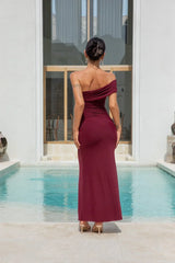 Dahlia One Shoulder Mesh Maxi Dress Maroon