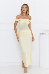 Silent Dreams Mesh Satin Off Shoulder Maxi Dress Yellow