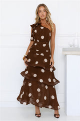 She's Trendy One Shoulder Polka Dot Maxi Dress Brown