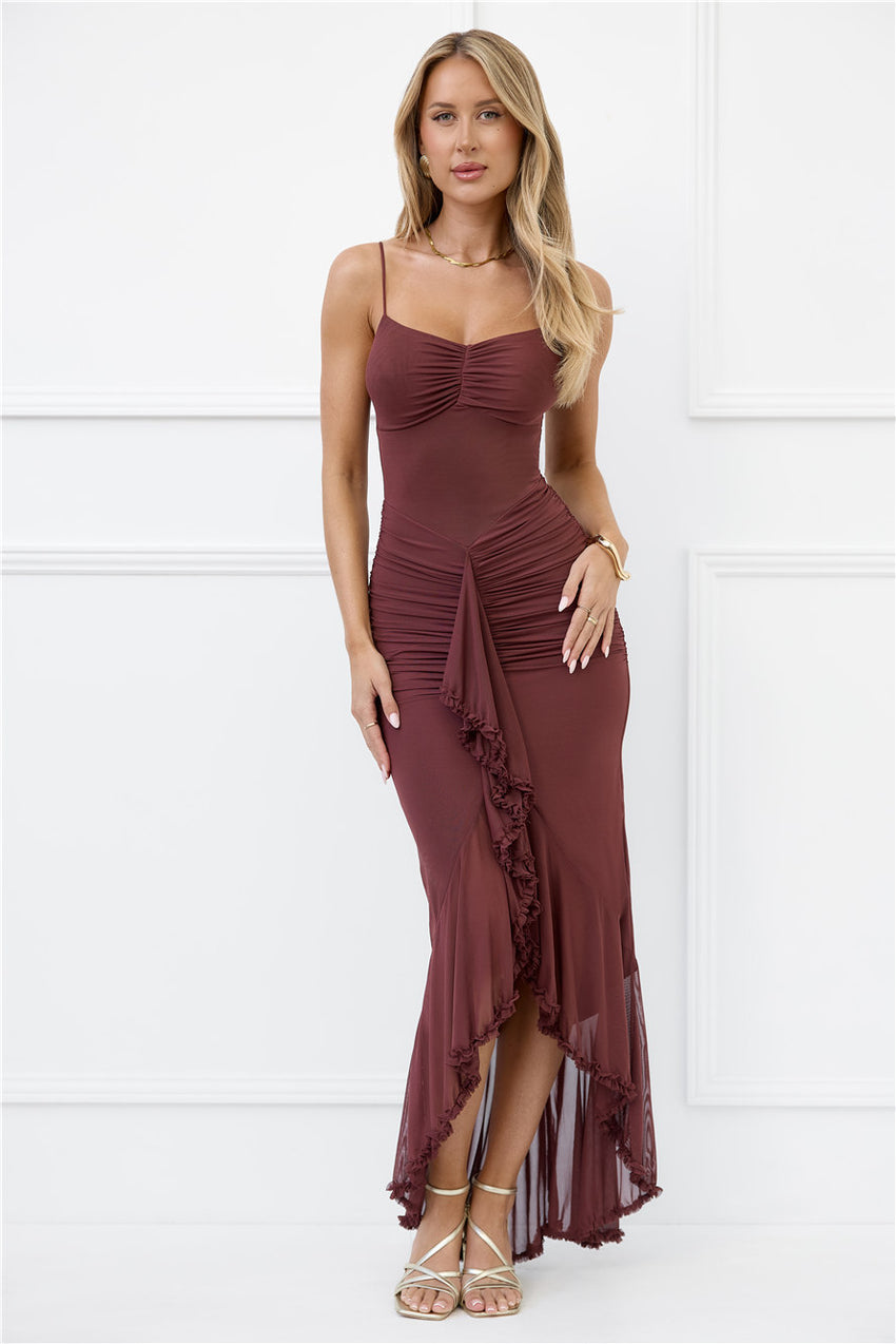 Shimmer In The Dark Mesh Maxi Dress Brown