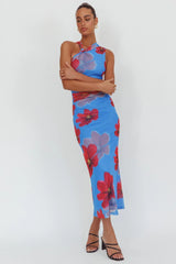 On Air Twist Neck Maxi Dress Floral Blue