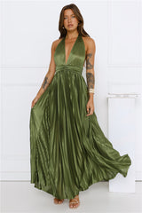 Shimmering Sea Pleated Halter Maxi Dress Olive