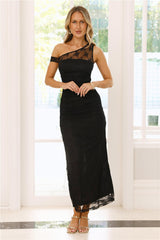 Wild Berry Whimsy Lace Off Shoulder Maxi Dress Black