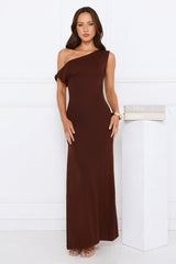 Dark Elegance Off Shoulder Knit Maxi Dress Brown