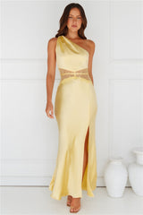 Show You Love One Shoulder Satin Maxi Dress Yellow
