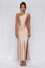 The Aurora One Shoulder Satin Maxi Dress Champagne