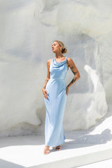 Moonlit Palms Satin Maxi Dress Blue